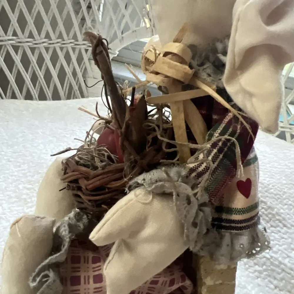 Vtg Primitive Fabric Bunny Doll Wood Block Base Sitter Country Folk Art 8”